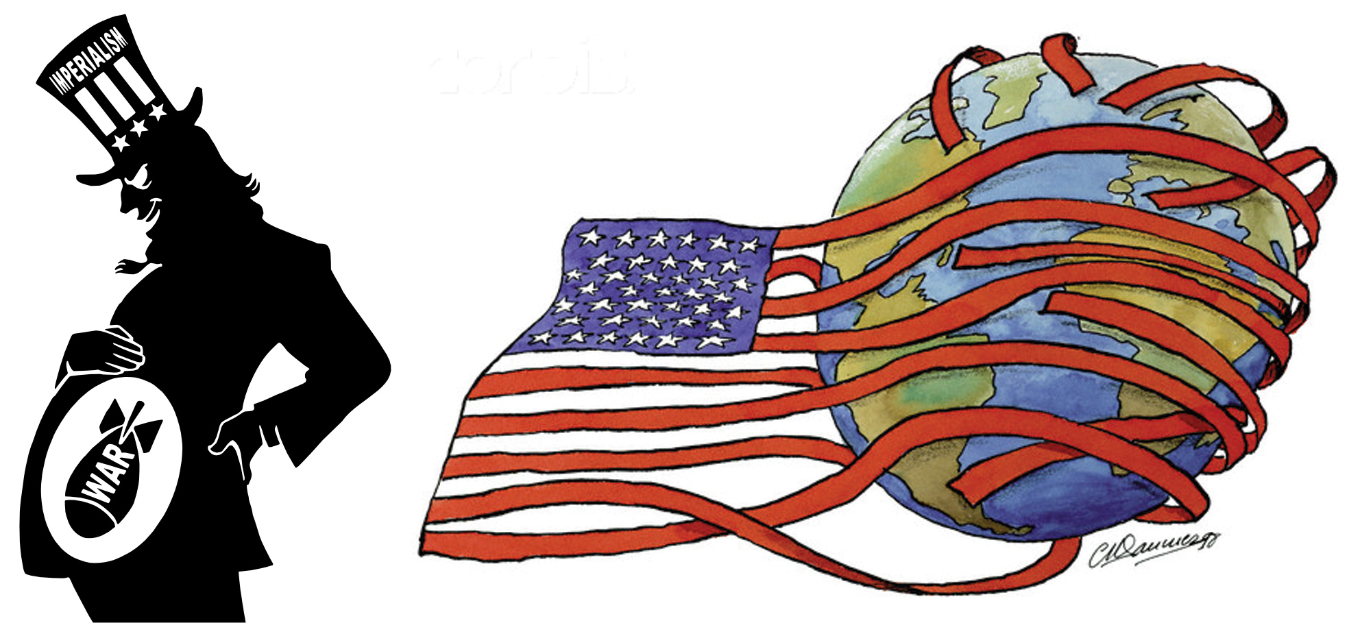 a picture of the American flag with its ribbons encircling the globe while Uncle Sam looks on pregnant with a bomb that says War